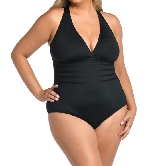 La Blanca Black Island Goddess Multi-Strap Cross-Back One Piece Swimsuit Size 16 - Picture 2 of 12